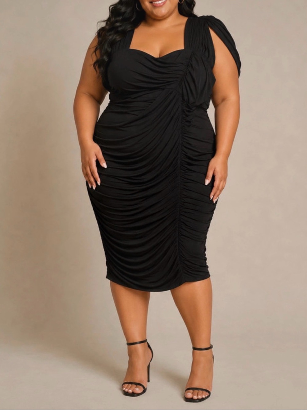Katia Black Ruched One-Shoulder Midi Dress